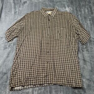 Untied Mens 2X Short Sleeve Button Down Shirt Rayon Geometric Brown Gray 14183